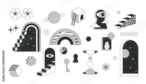 Surrealism elements psychedelic modern. Surreal geometric abstract shapes. Arch, staircase. Vector shapes in trippy monochrome style. Window, vase with flower. Set illustrations on white background.