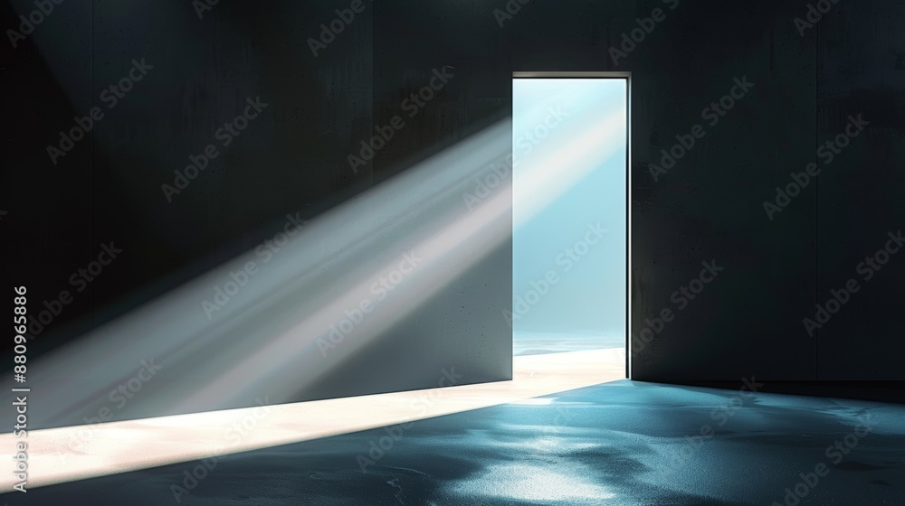 A minimalist door slightly open with a beam of bright light spilling out illuminating the plain background. The simplicity of the scene highlights the contrast between light and shadow A minimalist door slightly open with a beam of bright light spilling out illuminating the plain background. The simplicity of the scene highlights the contrast between light and shadow