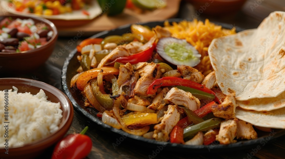 Delicious Chicken Fajitas with Sautéed Peppers, Onions, Rice, Beans, and Tortillas at Tex-Mex Restaurant Delicious Chicken Fajitas with Sautéed Peppers, Onions, Rice, Beans, and Tortillas at Tex-Mex Restaurant