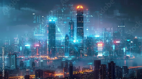 Futuristic city skyline with digital overlays indicating real-time energy usage and conservation efforts