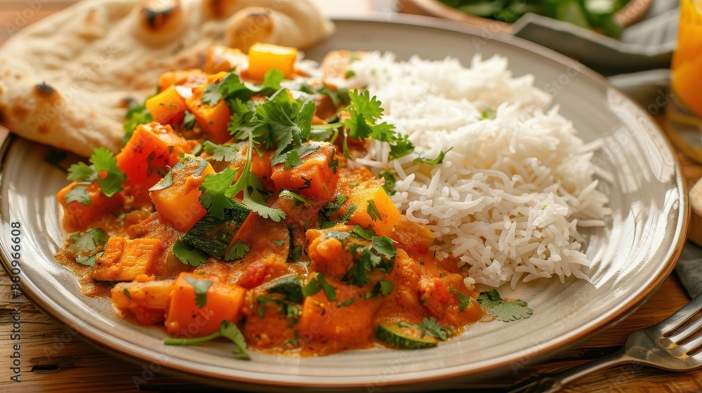Colorful Vegetable Curry with Steamed Rice, Cilantro Garnish, and Naan Bread Colorful Vegetable Curry with Steamed Rice, Cilantro Garnish, and Naan Bread
