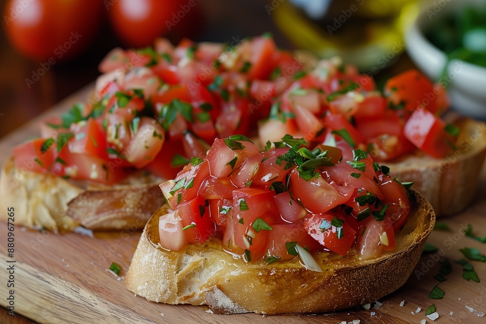 bruschetta with garlic tomato and olive oil on a wooden tray bruschetta with garlic tomato and olive oil on a wooden tray