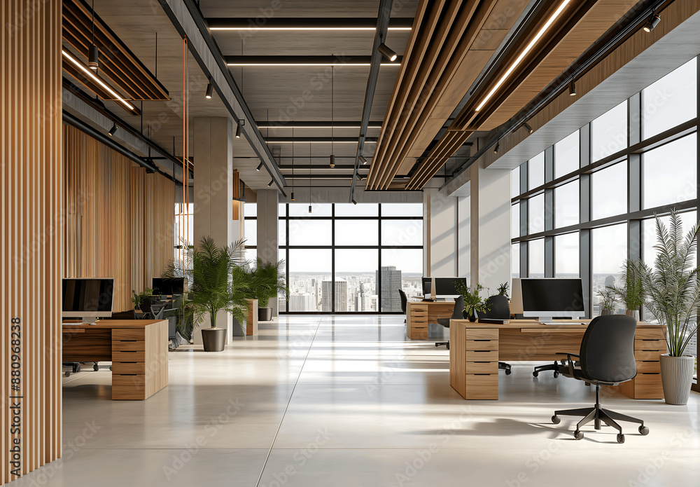 Spacious modern office with natural wood elements, large windows, and open workstations, creating a bright and productive work environment Spacious modern office with natural wood elements, large windows, and open workstations, creating a bright and productive work environment