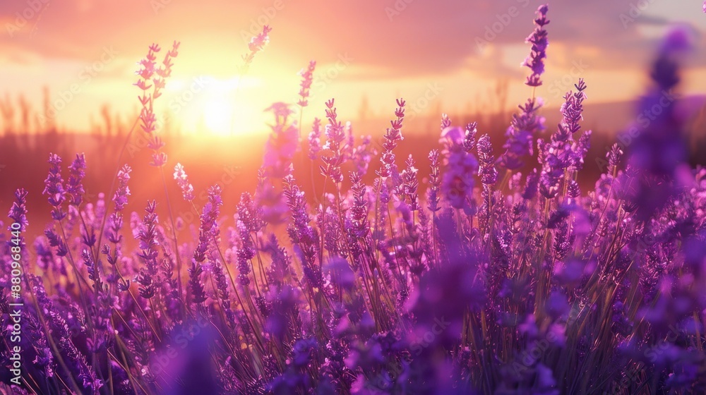 Naklejka premium Bright purple lavender fields with sunset