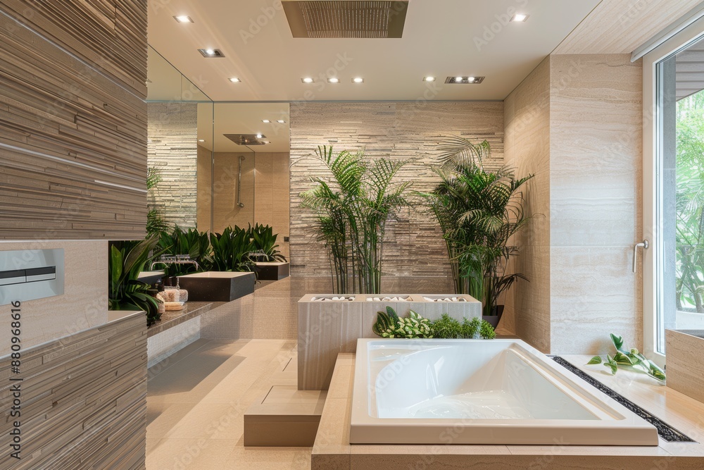 Fototapeta premium Luxurious Modern Bathroom with Infrared Heater, Spa Bathtub, and Indoor Plants