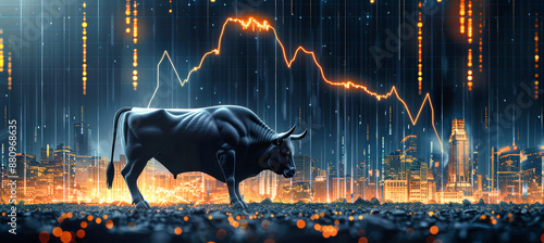 A powerful black bull stands confidently in front of a glowing cityscape, illuminated by a rising stock market chart that stretches across the night sky photo