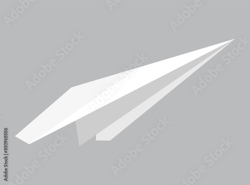 Paper plane model. Origami handmade aircraft view. Vector white paper airplane with shadow, isolated on gray background