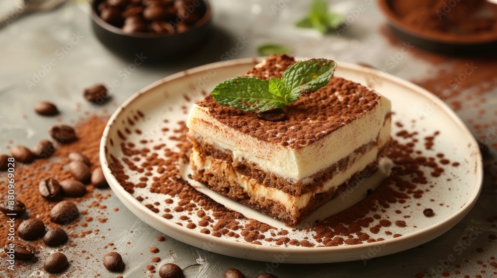 Italian Tiramisu Dessert Plated with Cocoa Coffee Beans and Mint Italian Tiramisu Dessert Plated with Cocoa Coffee Beans and Mint