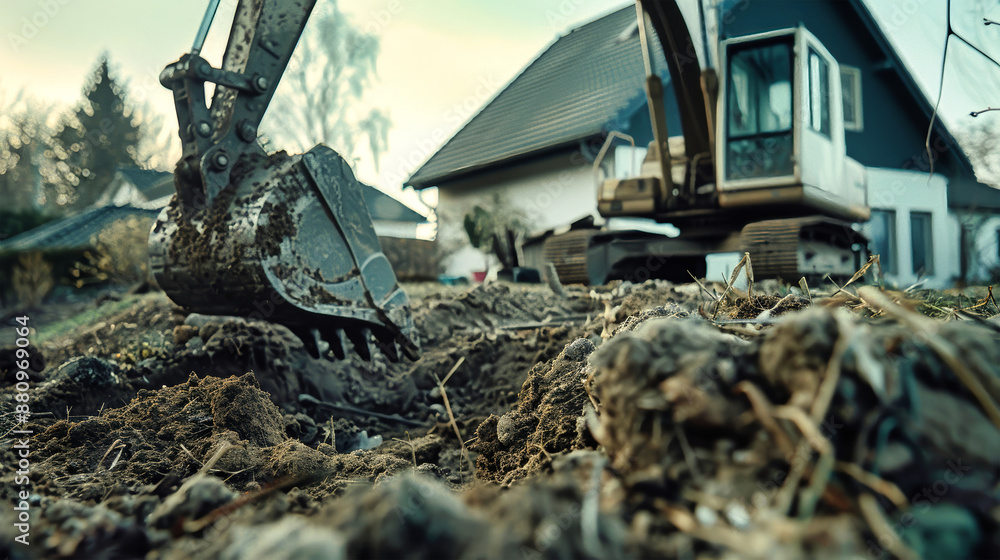 Obraz premium A close-up shot of an excavator bucket digging into the earth, with a residential home in the background