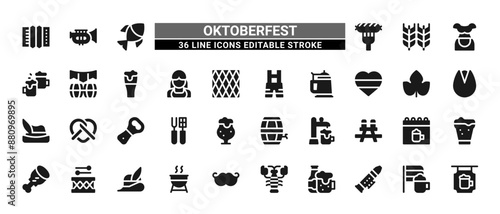 36 Oktoberfest Line Icons Set Pack Editable Stroke Vector Illustration.