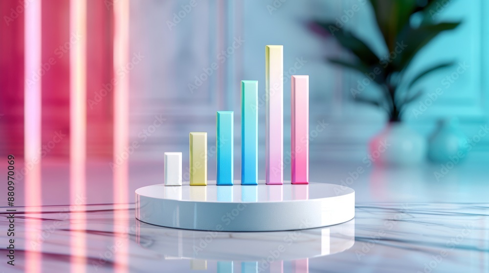 Colorful 3D bar graph presentation on a stylish podium, symbolizing data analysis and business growth in a modern creative setup. Colorful 3D bar graph presentation on a stylish podium, symbolizing data analysis and business growth in a modern creative setup.