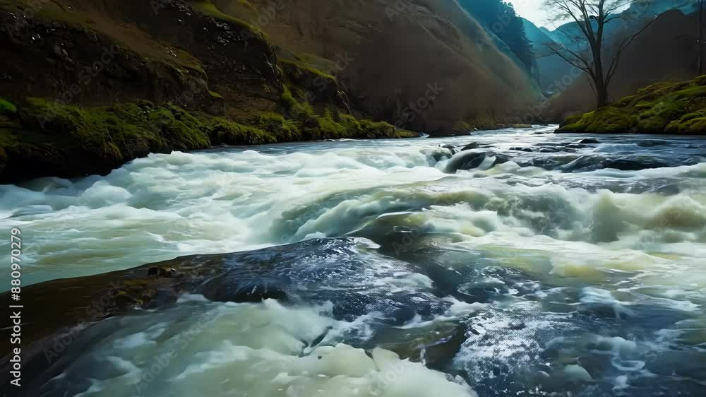 The river rapids twist and turn revealing glimpses of crystal clear water amidst the tumultuous waves. The river rapids twist and turn revealing glimpses of crystal clear water amidst the tumultuous waves.