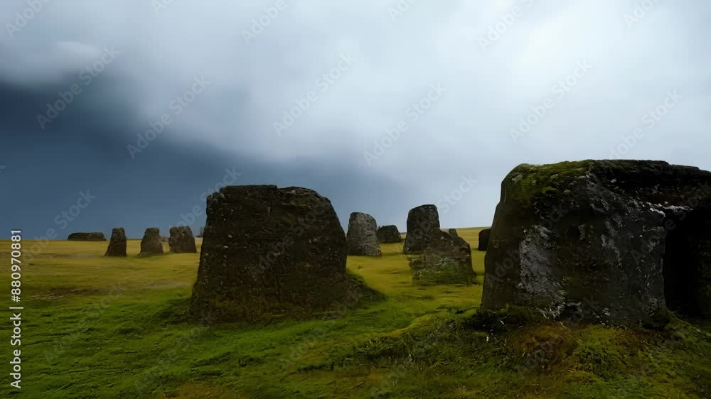 An ancient stone circle shrouded in mystery standing sentinel over the desolate moors. An ancient stone circle shrouded in mystery standing sentinel over the desolate moors.