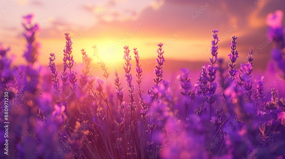 Fototapeta premium Bright purple lavender fields with sunset