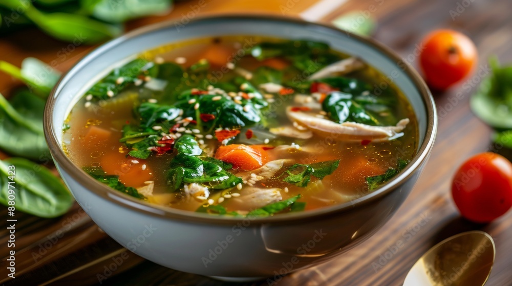 The national cuisine of Japan. Chicken soup with spinach. The national cuisine of Japan. Chicken soup with spinach.