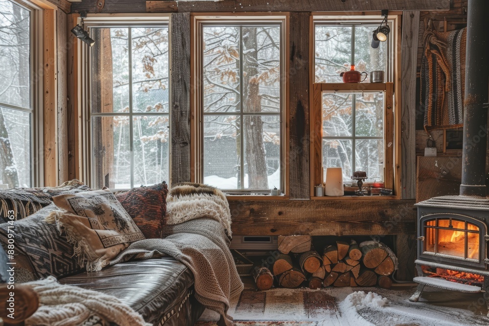 Fototapeta premium Cozy Winter Cabin with Wood Burning Stove and Snowy Forest View, Perfect for Rustic Retreat
