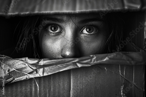 Generative AI conceptual image photo hostage prisoner person in cage bars chains captive slavery