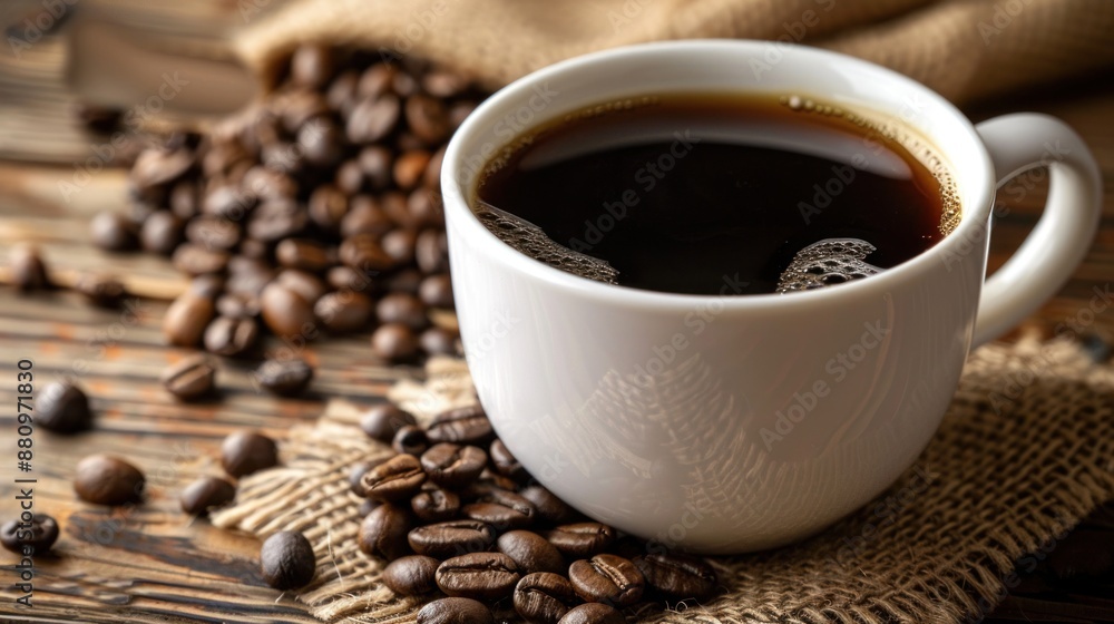 Close-Up of Coffee Cup with Beans and Burlap Close-Up of Coffee Cup with Beans and Burlap