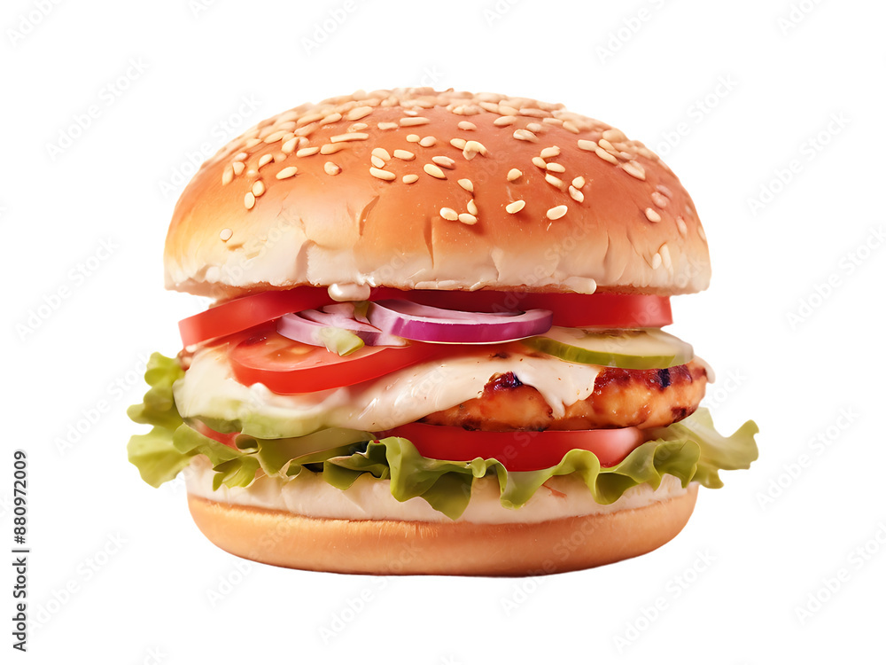 Fresh delicious burger isolated on a transparent background by AI generative.
Fresh delicious burger isolated on a transparent background by AI generative.