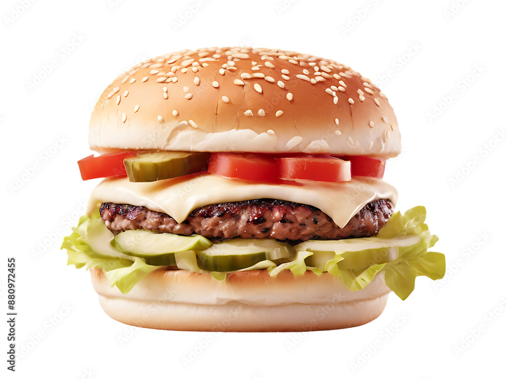 Fresh delicious burger isolated on a transparent background by AI generative.
Fresh delicious burger isolated on a transparent background by AI generative.