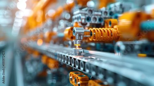 An intricate close-up of an automation machine at work on a production line, demonstrating the sophistication and precision of modern industrial technology. Ideal for stock use in industrial innovati