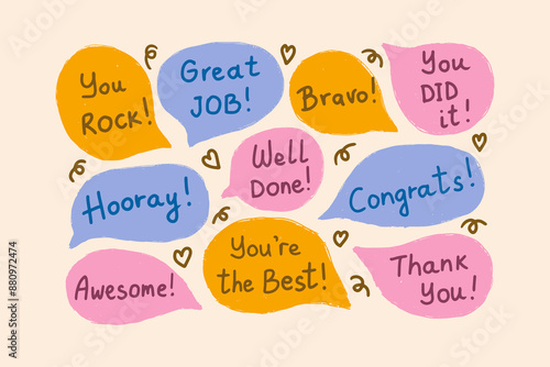 Set of speech bubbles with compliments, congratulations, positive affirmations. Praise for good job or other achievement.