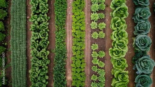 Aerial View of Organic Vegetable Farm with Lush Crops Growing in Neat Rows for Sustainable Agriculture