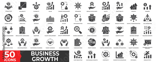 Business Growth icon collection set with Business, growth, change management, product benefit, financial, development, revenue, management, sustainable business, strategy and productivity 