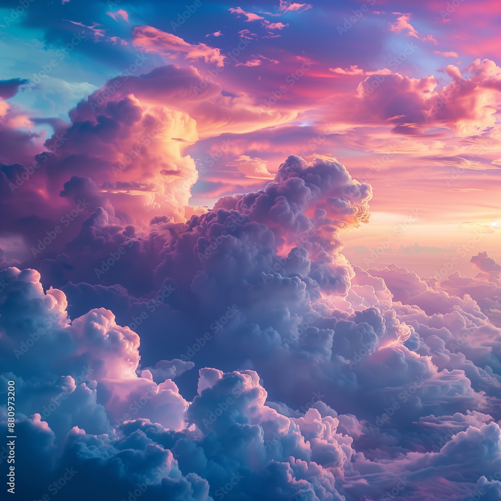 A dramatic cloudscape unfolds across a vibrant blue sky, hinting at the fiery colours of an approaching sunset A dramatic cloudscape unfolds across a vibrant blue sky, hinting at the fiery colours of an approaching sunset