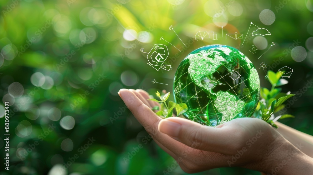 A hand holding a globe and recycling icon on a green background A hand holding a globe and recycling icon on a green background