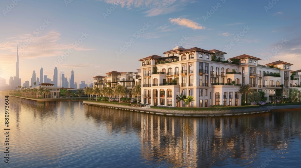 Luxurious Waterfront Apartments with City Skyline View at Sunset Luxurious Waterfront Apartments with City Skyline View at Sunset