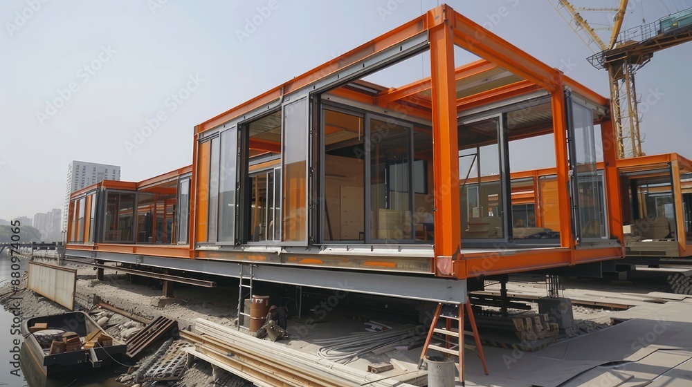 A time-lapse sequence of a prefabricated building being assembled on-site with the help of advanced machinery and technology, demonstrating efficient and rapid construction techniques. A time-lapse sequence of a prefabricated building being assembled on-site with the help of advanced machinery and technology, demonstrating efficient and rapid construction techniques.