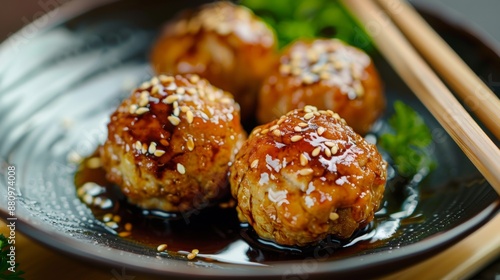 The national cuisine of Japan. Chicken meatballs in soy sauce.