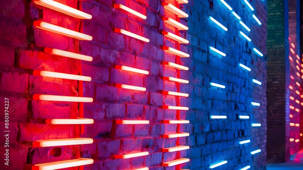 Neon light on brick walls that are not plastered background and texture. Lighting effect red and blue neon background Neon light on brick walls that are not plastered background and texture. Lighting effect red and blue neon background