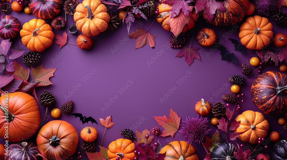 Fototapeta premium happy halloween flat lay composition top view pumpkins,skeleton hands skull fall maple leaves bats on purple background halloween banner party invitation card mockup