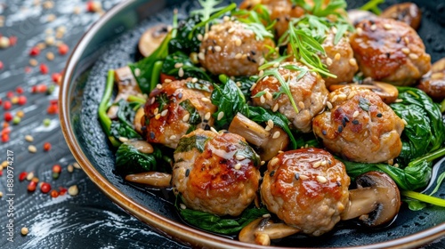The national cuisine of Japan. Chicken meatballs with mushrooms and spinach. © lastfurianec