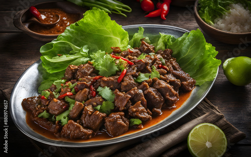 Cambodian lok lak, stir-fried beef, lime pepper sauce