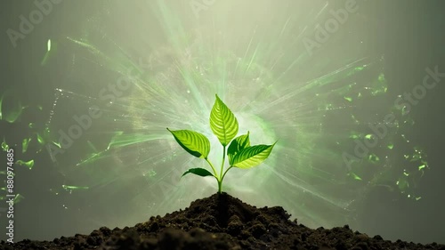 Digital elements and particles over green plant shoot. Ecology, environment, green energy, biotechnology concept. Ai-generated.