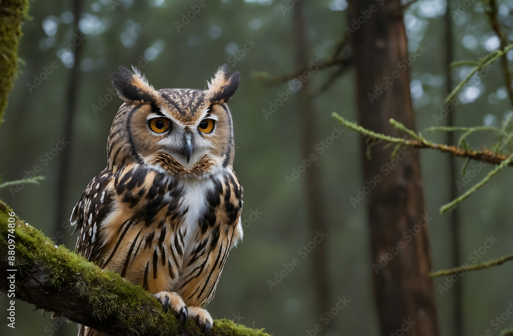 Fototapeta premium Majestic Owl Gazing Intently from Forest Perch