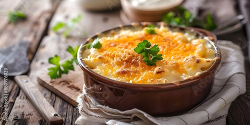 Golden-Baked Cheddar Macaroni An American Classic Mac and Cheese. Concept Food, American cuisine, Macaroni and cheese, Classic recipes, Comfort food photo