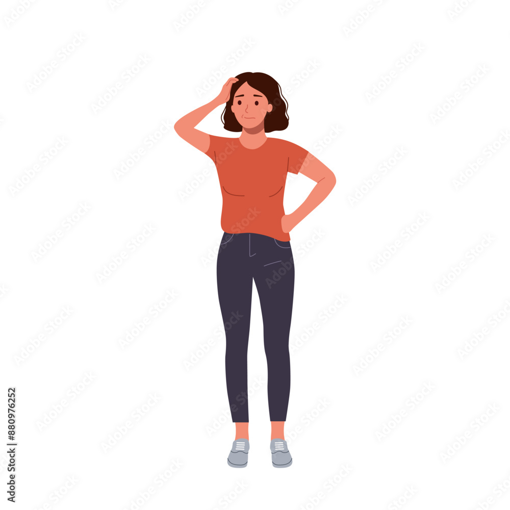 Puzzled woman holds her hand over her head, thinking. Flat style cartoon vector illustration. Puzzled woman holds her hand over her head, thinking. Flat style cartoon vector illustration.