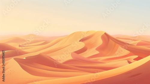Desert landscape, with a panoramic view of sand dunes, an oasis, and a vast expanse of desert under a clear sky © K-MookPan