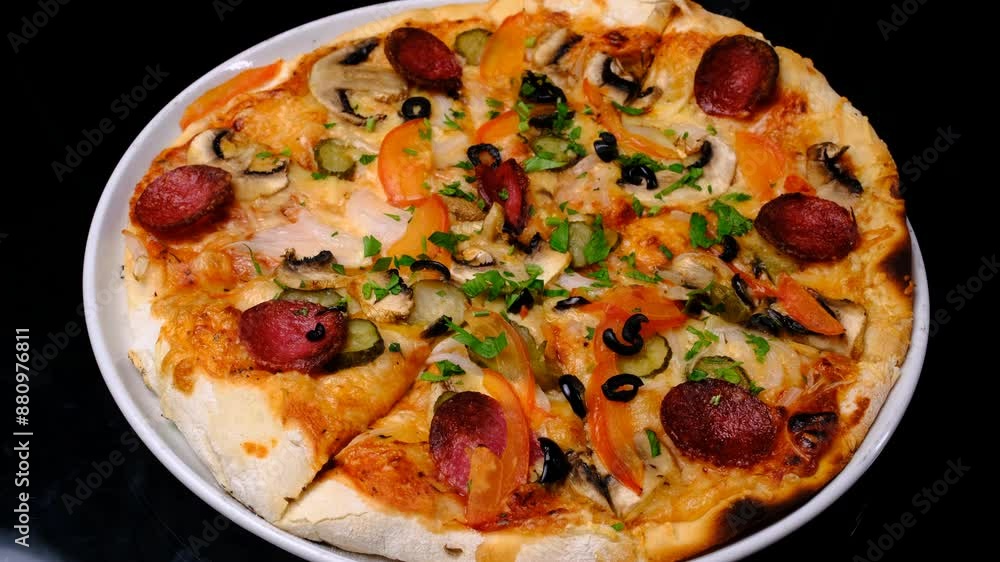Pepperoni pizza with Mozzarella cheese, salami, tomato sauce, pepper, aromatics, rotating on a black background. Italian pizza. Pepperoni pizza with Mozzarella cheese, salami, tomato sauce, pepper, aromatics, rotating on a black background. Italian pizza.