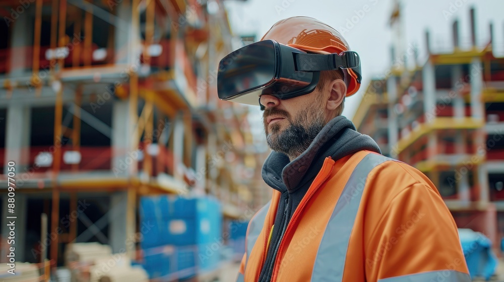 An engineer conducting a virtual site inspection using VR technology, remotely monitoring construction progress. An engineer conducting a virtual site inspection using VR technology, remotely monitoring construction progress.