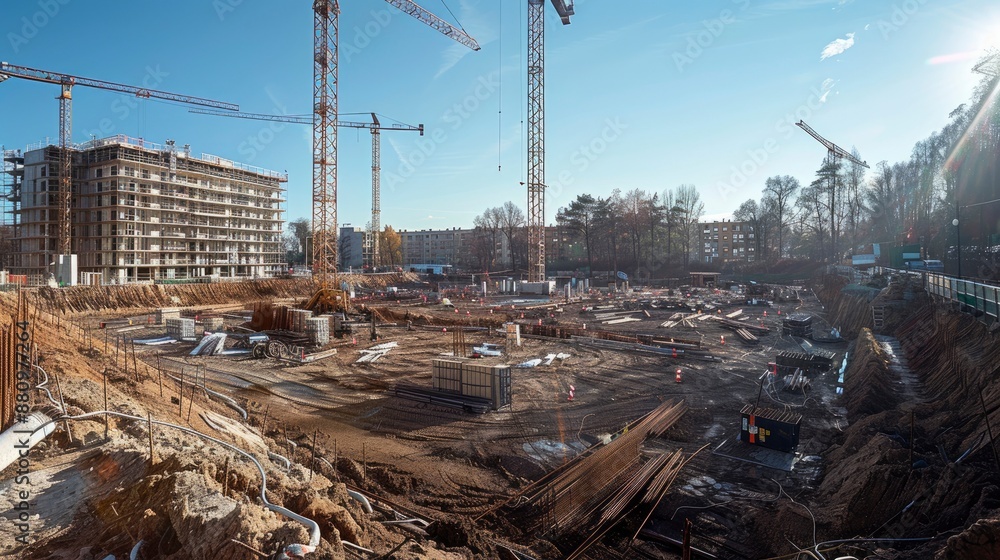 A panoramic view of a sustainable construction site utilizing renewable energy sources and green building materials. A panoramic view of a sustainable construction site utilizing renewable energy sources and green building materials.