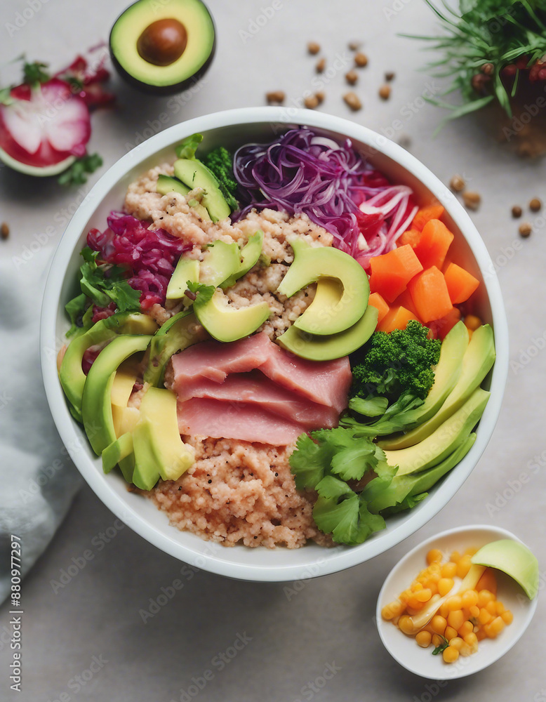 vibrant poke bowl with fresh tuna, avocado, and colorful vegetables
vibrant poke bowl with fresh tuna, avocado, and colorful vegetables