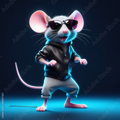 Stylish little mouse in black leather jacket, gray shorts and black sunglasses, standing on hind legs and dancing in neon light on dark background. Creative concept of the advertising banner. Copy