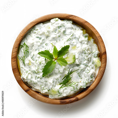 Top view of Tzatziki in a small glass bowl isolated on a white background