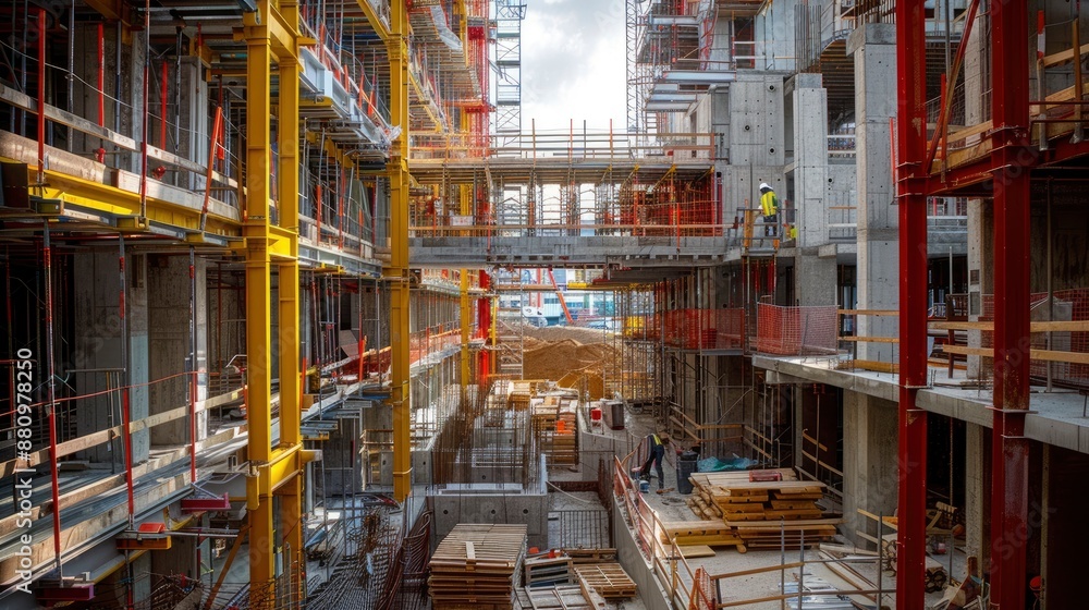 A panoramic view of a construction site with advanced safety systems and real-time monitoring. A panoramic view of a construction site with advanced safety systems and real-time monitoring.