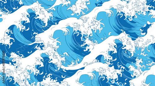 Blue hand drawn waves vector seamless pattern. Ocean